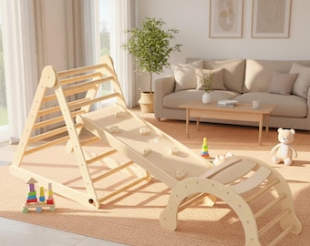 Foldable Toddler Gym, Kids Indoor Playground, Montessori Climbing Set 3 in 1, Wood Climbing Triangle Arch Ramp, 2nd 3rd 4th Birthday Gift
