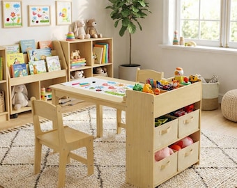 Montessori Playroom Furniture, Toddler Craft Station, Drawing Desk with Bins, Wooden Kids Art Table and Chair Set with Storage & Paper Roll