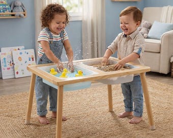 Tavolo sensoriale Montessori con contenitori, lavagna e piano in lavagna bianca, scrivania in legno per attività per bambini, stazione di gioco con sabbia e acqua, tavolo da disegno per bambini piccoli