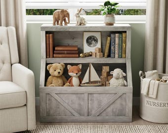 Kids Bookshelf with Toy Storage, Montessori Bookcase Organizer for Toddlers, Wooden Kids Book Rack.