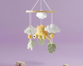 Mobile in feltro con dinosauro, cameretta in stile safari boho, mobile per culla per neonato, decorazione da appendere a forma di stegosauro, regalo neutro per baby shower, foglie di monstera verde salvia
