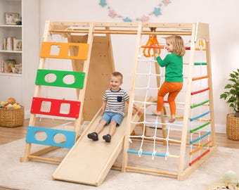 9-in-1 Indoor Playground Jungle Gym for Kids, Wooden Climbing Set with Slide, Swing.