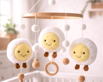 Giostrina per culla con sole, giostrina neutra per cameretta, giostrina con sole sorridente, giostrina Montessori.