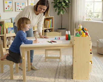 Wooden Kids Art Table and Chair Set with Storage & Paper Roll, Montessori Playroom Furniture, Toddler Craft Station, Drawing Desk with Bins