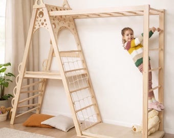 Montessori Climbing Triangle Set, Wooden Indoor Playground for Kids, Toddler Climbing Gym with Ladder and Slide.