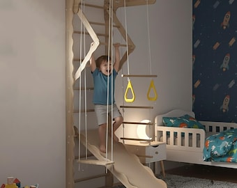 Swedish Ladder with Dip Bar, Kids Climbing Frame, Wall Indoor Kid Playground, Wood Bars Kids, Montessori Gym, 2nd 3rd 4th 5th Birthday Gift