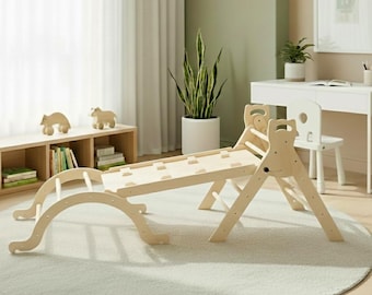 Kids Indoor Playground, Wood Montessori Climbing Set: Foldable Triangle, Arch Rocker, Slide, Eco-friendly Toddler Gym, Toddler Birthday Gift