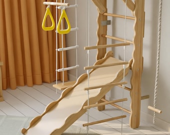 Indoor Playground with Slide and Swing, Swedish Ladder, Toddler Jungle Gym, Wooden Stall Bars for Kids, Montessori Gym Climbing Wall