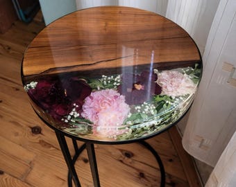 Handmade Almond Wood Resin Side Table with Pink Peonies (36.5 cm)