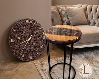 Coffee Bean Resin Table & Wall Clock Set, Handmade Epoxy Furniture Bundle, Unique Coffee Lover Gift, Rustic Modern Home Decor