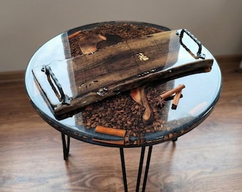 Walnut Epoxy Coffee Table & Dark Wood Resin Decor Set, Handmade Statement Furniture, Luxury Coffee Bean Epoxy Table, Unique Home Gift