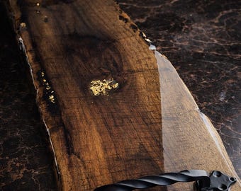 Handcrafted Dark Wood & Epoxy Resin Serving Tray with Gold Accents – Unique Artisan Home Decor