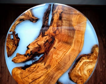 Handmade Olive Wood Epoxy Coffee Table with White Fog Resin