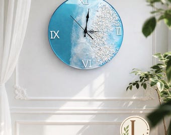 Ocean Resin Wall Clock – Handmade Coastal Clock with White Stones & Wave Effect – Beach Decor – 38 cm