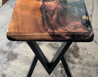 Walnut Side Table with Blue Label Bottle Glass & Gold Accents – Modern Art Furniture