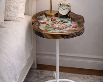 Handcrafted Walnut Wood Slice Side Table – White Base with Embedded Flowers | Nature-Inspired Accent Table