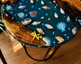 Ocean-Inspired Olive Wood and Epoxy Resin Table | Real Seashells & Sand | Handmade Coastal Side Table | Unique Sea Decor
