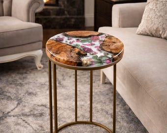 Made to Order - Olive Wood Side Table with Dried Flowers | Handmade Resin Table | White Fog Effect