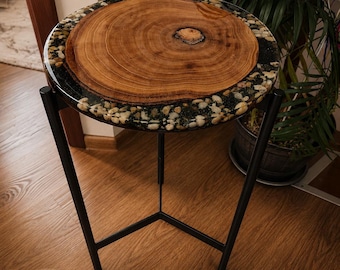 Handmade Wood & Epoxy Resin Side Table with Forest Stones | Live Edge Round End Table | Nature Inspired Accent Table