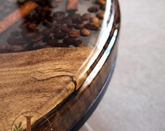 Handmade Coffee Bean Resin Side Table: Rustic Wood & Cinnamon Inlay
