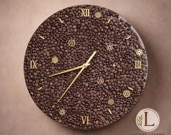 Coffee Bean Resin Wall Clock – Handmade Epoxy Clock with Gold Details – Unique Kitchen & Coffee Lover Decor – 38 cm