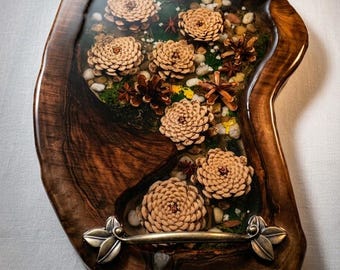 Handcrafted Walnut Serving Tray | Resin-Inlaid Forest Elements