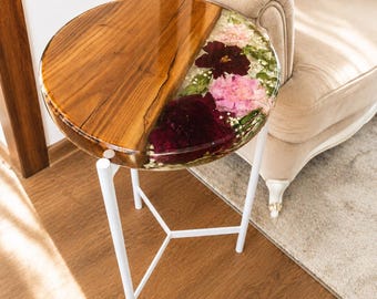 Handmade Floral Resin Side Table with Walnut Wood | Peonies Preserved in Epoxy Resin | White Metal Legs | Unique End Table
