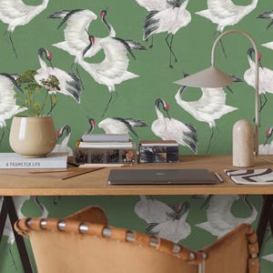 Green Crane Birds Wallpaper, Peel Stick Animal Wall Mural, Custom Sizes & Colour