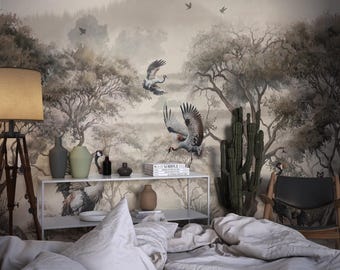 Kranich Vögel und Baum Tapete, Chinoiserie Waldmuster Wandbild, kundenspezifische Größen