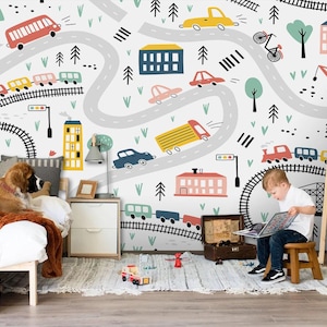 Cars Trains and Road Wallpaper, Peel Stick Wall Mural, Custom Sizes, Custom Colour