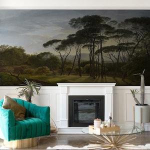 Oil Painting Landscape Mural Wallpaper: Natural Trees & Mountains, Peel and Stick