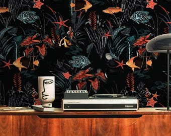 Dark Undersea Wallpaper, Fish and Plants Wall Mural, Custom Sizes and Colour