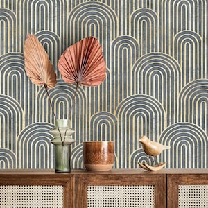 Peel and Stick Golden Line Art Deco Wallpaper, Geometric Wall Mural, Custom Sizes