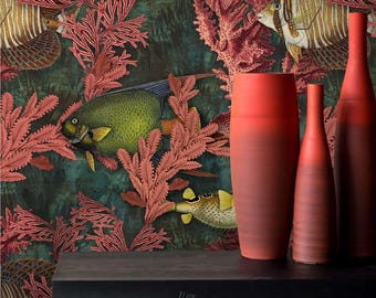 Vintage Fish Wallpaper, Self Adhesive Dark Wall Mural, Custom Sizes