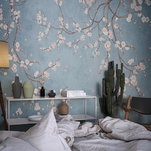 Blue Chinoiserie Wallpaper, Removable Cherry Blossom Wall Mural, Custom Sizes