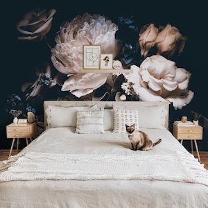 Dark Peony Floral Wallpaper Peel Stick, Soft Peony Flower Bouquet Wall Mural, Custom Sizes