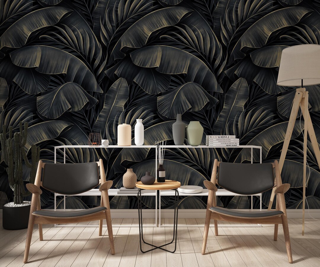 Dark Tropical Leaf Wallpaper, Gold Banana Leaf Mural, Peel and Stick - Etsy