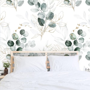 Eucalyptus Leaf Peel and Stick Wallpaper, Green Boho Wall Mural, Custom Sizes