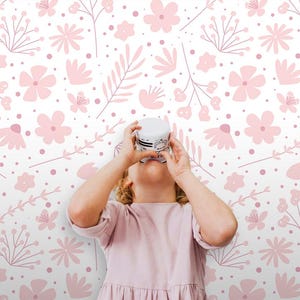Pink Floral Peel and Stick Wallpaper, Boho Garden Wall Murali Custom Sizes