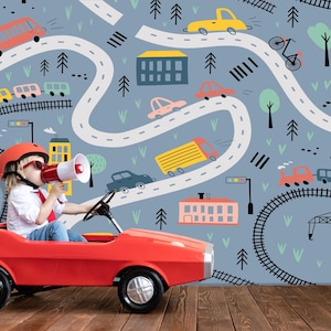 Boys Room Cars and Road Wallpaper, Peel Stick Kids Wall Mural, Construction Equipment & Roads