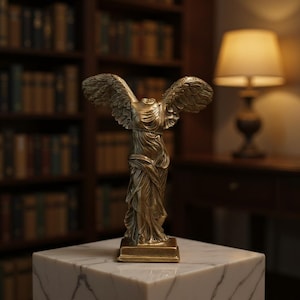 May include: A bronze-colored statue of the Winged Victory of Samothrace, a headless, winged figure in flowing robes. The statue is displayed on a white marble cube, with a blurred background of a library and a lit lamp.