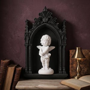 Dark Academia Gothic Cathedral Arch Wall Niche with Classical Angel Set - Moody Library Decor Black Sconce Display Shelf