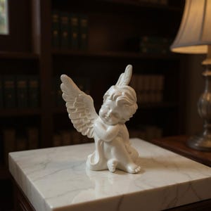 Sleeping Winged Angel Statue | Pensive Cherub Figurine | White Sculpture | Aesthetic Home Decor | Desktop Angel Figurine Decor Dreaming Angel