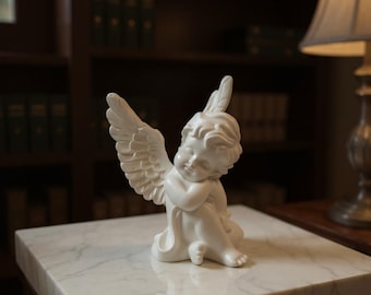 Sleeping Winged Angel Statue | Pensive Cherub Figurine | White Resin Sculpture | Aesthetic Home Decor | Desktop Angel Figurine Decor