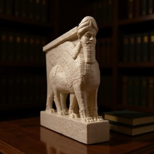 Iraqi Assyrian Lamassu Statue | Winged Bull Sculpture | Mesopotamian Art Replica | Ancient History Home Decor Ornament | Human-Headed Bull R