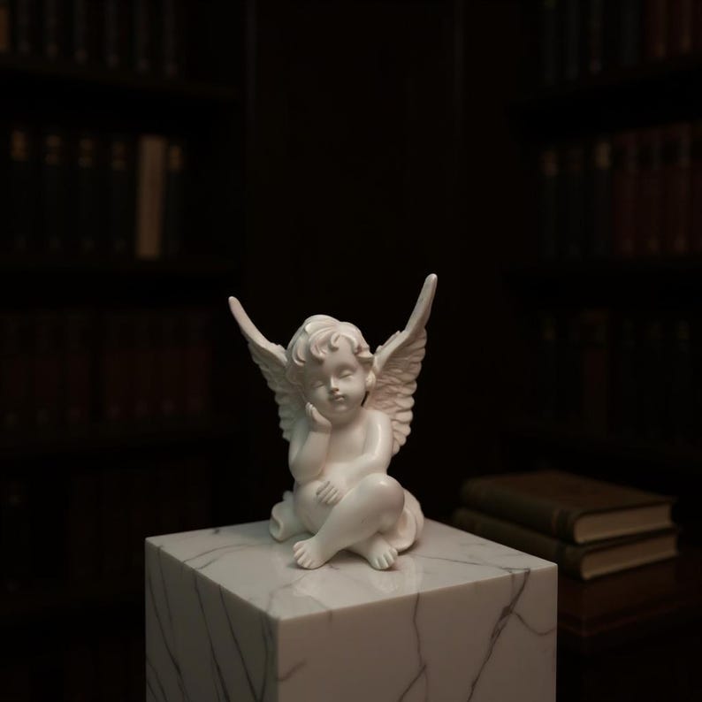 Sleeping Winged Angel Statue | Pensive Cherub Figurine | White Sculpture | Aesthetic Home Decor | Desktop Angel Figurine Decor image 2