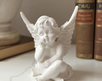 Sleeping Winged Angel Statue | Pensive Cherub Figurine | White Resin Sculpture | Aesthetic Home Decor | Desktop Angel Figurine Decor