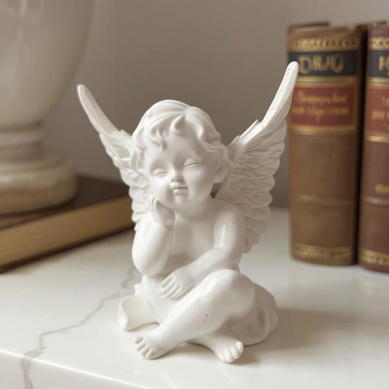 Sleeping Winged Angel Statue | Pensive Cherub Figurine | White Sculpture | Aesthetic Home Decor | Desktop Angel Figurine Decor Serene Angel