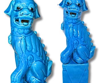Estátua vintage de cão Foo turquesa | Leão guardião em estilo Chinoiserie | Decoração Hollywood Regency | Estatueta de cerâmica azul brilhante