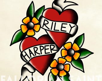 Arte de tatuagem tradicional americana personalizada: nomes de casais, corações e flores (somente digital)